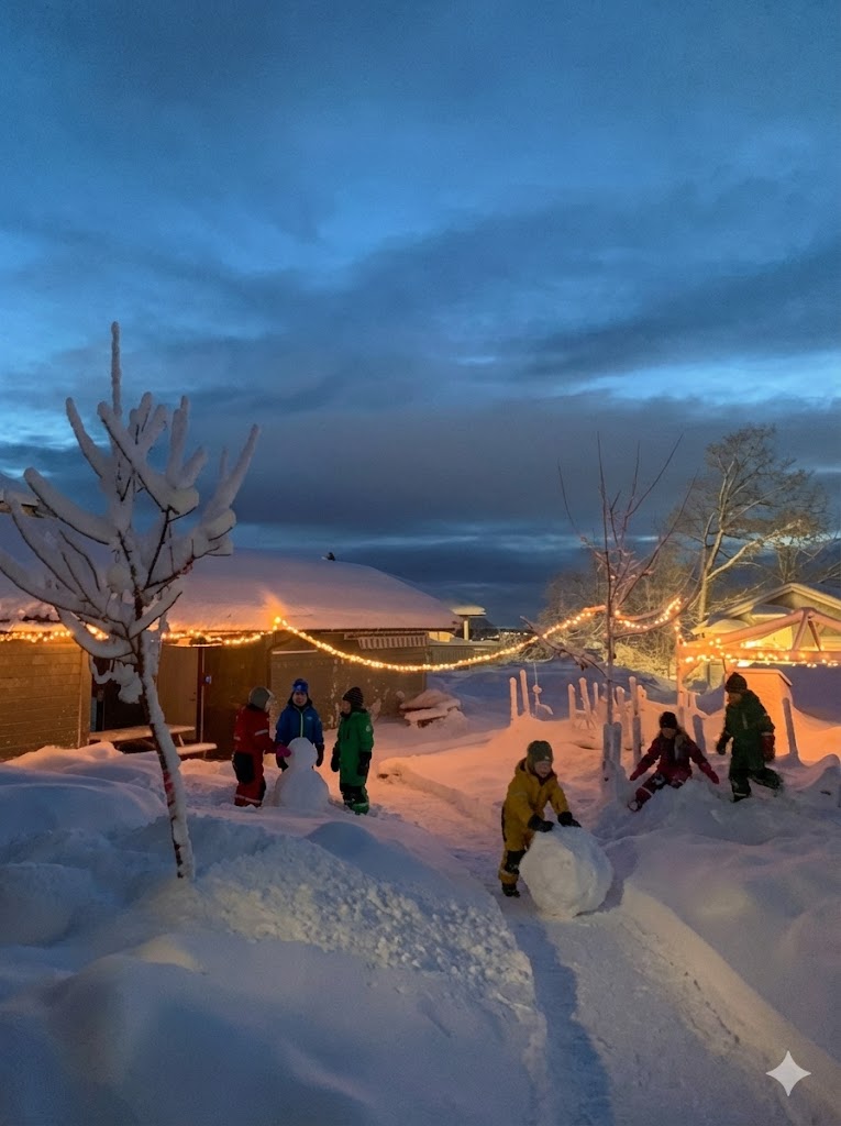 Barn bygger snømann i blåtimen på uteområdet